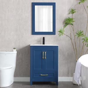 24 in. W x 18.3 in. D x 34 in. H Single Sink Bath Vanity in Blue with Ceramic Top and Mirror Drain Faucet Set