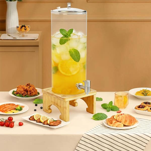 2 Gallon Glass Beverage Serveware with Wooden Stand Stainless Steel Spigot and Labels for Parties Unit