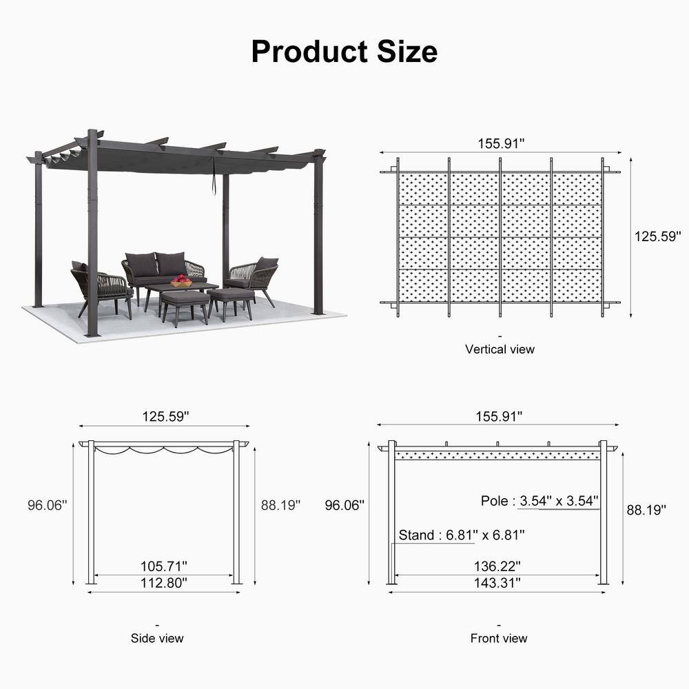 Gray Aluminum Outdoor Pergola with Retractable Canopy, 11' x 13'