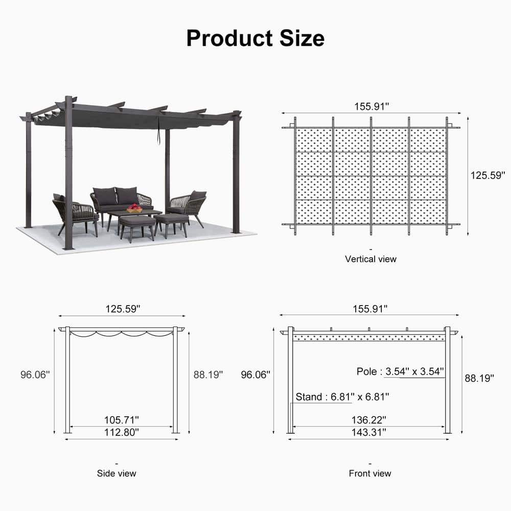 Gray Aluminum Outdoor Pergola with Retractable Canopy, 11' x 13'