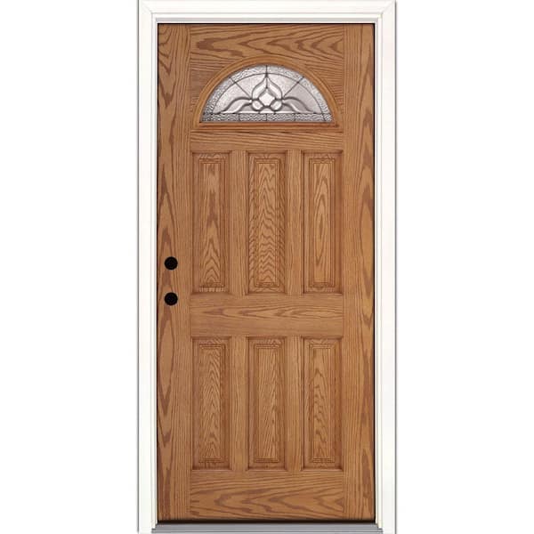 Feather River Doors 37.5 in. x 81.625 in. Lakewood Zinc Fan Lite Stained Light Oak Right-Hand Inswing Fiberglass Prehung Front Door