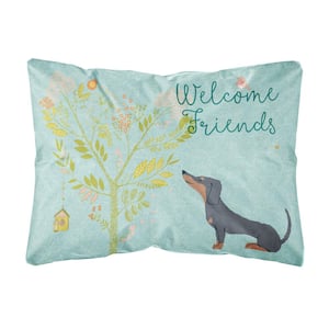 12 in. x 16 in. Multi-Color Lumbar Outdoor Throw Pillow Welcome Friends Black Tan Dachshund