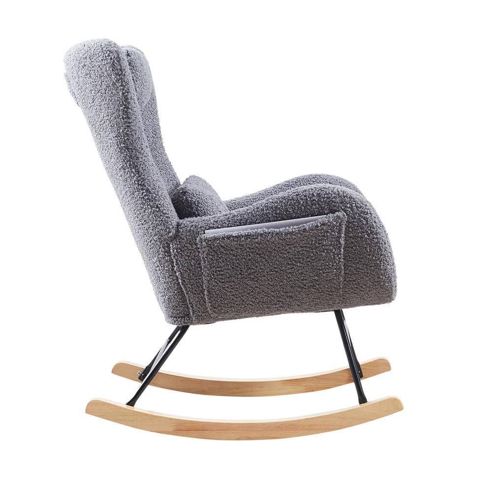 Tenleaf Brown Wood Outdoor Rocking Chair with Gray Cushion, High Backrest