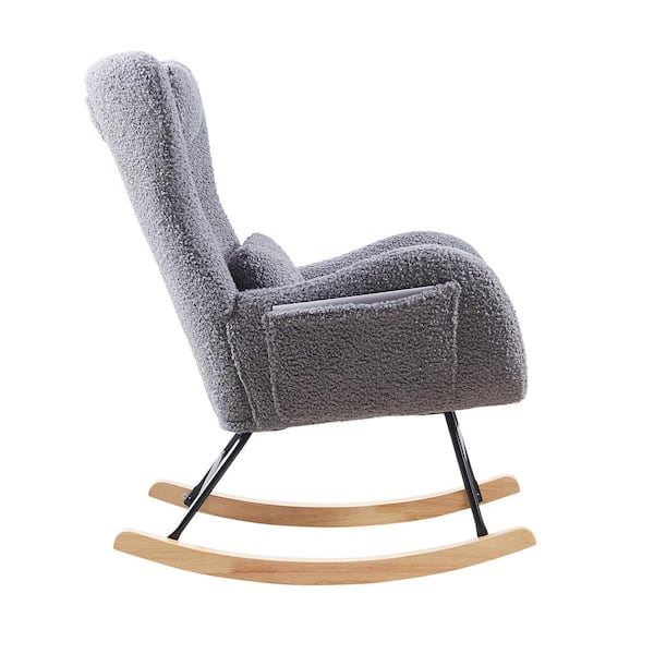 Tenleaf Brown Wood Outdoor Rocking Chair with Gray Cushion, High Backrest