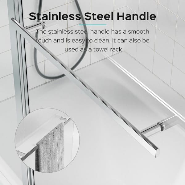 43 in. W x 58 in. H Frameless Folding Pivot Bath Tub Door 1/4 in. Thick Glass Hinged Bath Tub Door Chrome Clear Glass