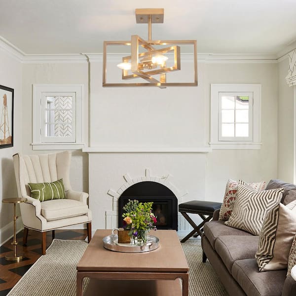 ADSENSTY 15.8 in. 3-Light Brass Farmhouse Rectangle Semi Flush