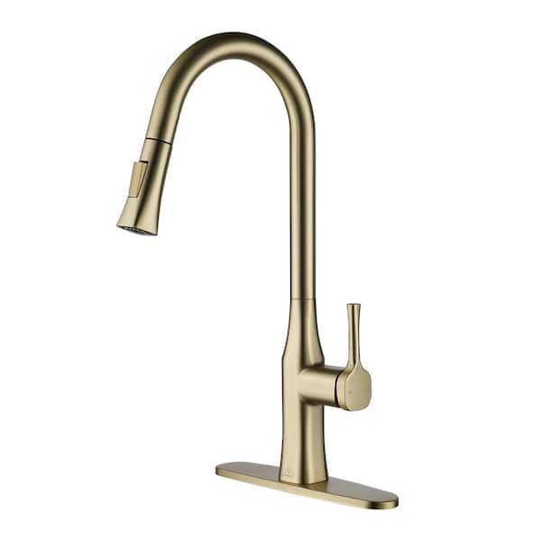 Boyel Living 2-Spray Patterns Single Handle Pull Down Sprayer Kitchen Faucet with Deckplate and Water Supply Hoses in Brushed Gold