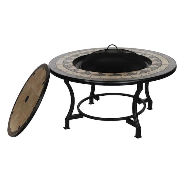 ALEKO 20 in. x 22 in. Round Mosaic Tile Metal Wood Fire Pit Table in Brown with Flat Lid