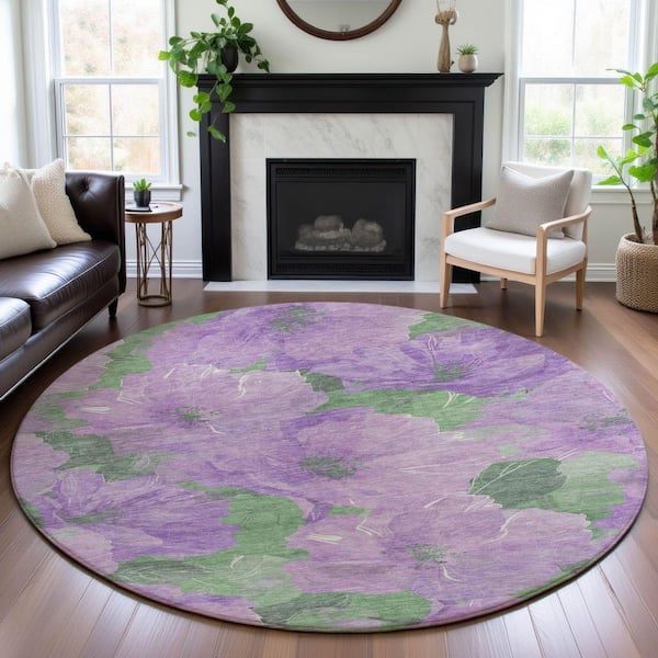 Mayfield Premium Machine Washable Abstract AMF1542 Lavender 8 ft. x 8 ft. Round Rug