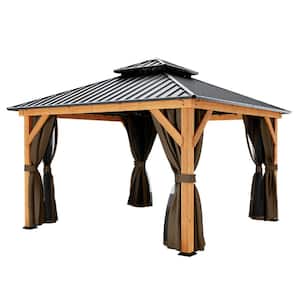 12 ft. x 12 ft. Double Roof Hardtop Wood Gazebo with Netting and Brown Curtains