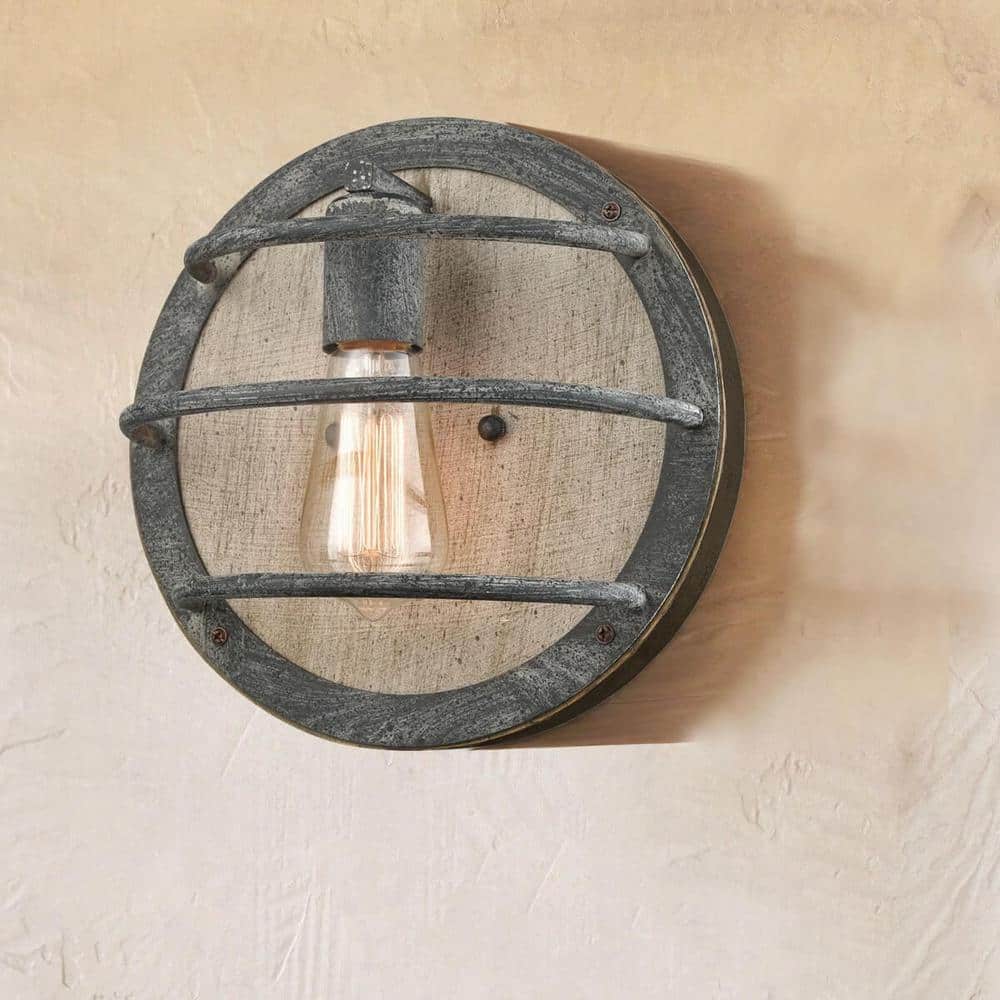 10" Rustic Weathered Wood and Metal Round Wall Sconce