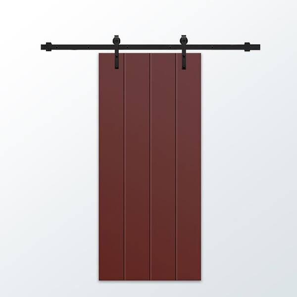 CALHOME 30 in. x 84 in. Maroon Painted Composite MDF Paneled Interior Sliding Barn Door with Hardware Kit