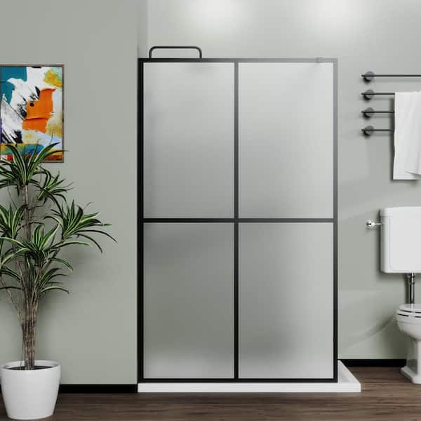 34 in. W x 72 in. H Framed Fixed Shower Door in Black with Frost Tempered Glass