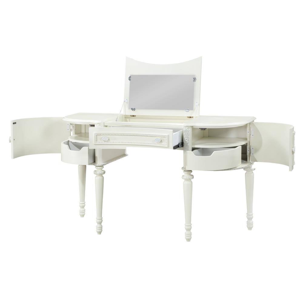 Ivory Pine Wood Vanity Desk with Mirror and Floral Trim