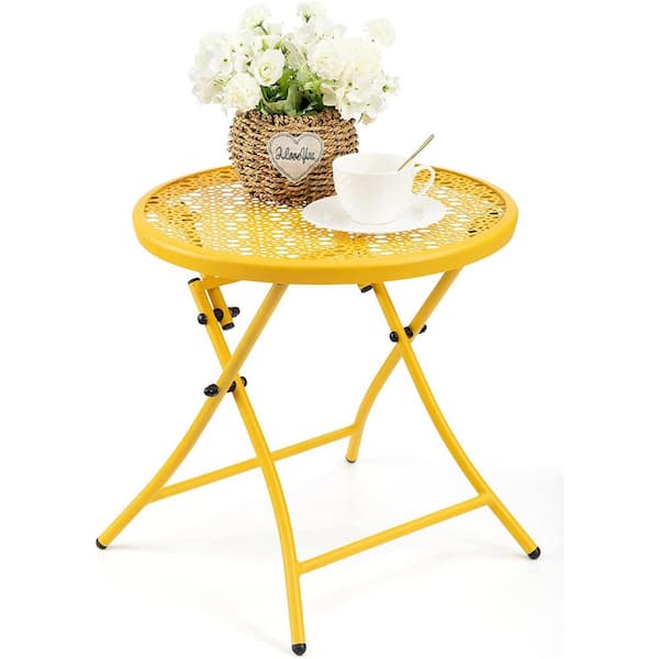 Dyiom Yellow Folding Side Tables Round Metal Glass Top with Flower Cutouts for Outdoor/Garden