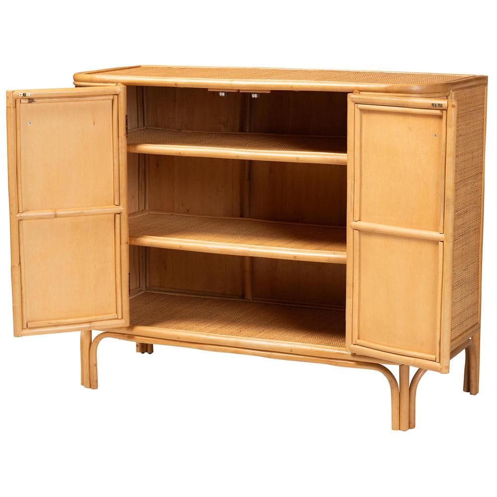 Natural Brown Rattan 2-Door Storage Cabinet with Gold Knobs