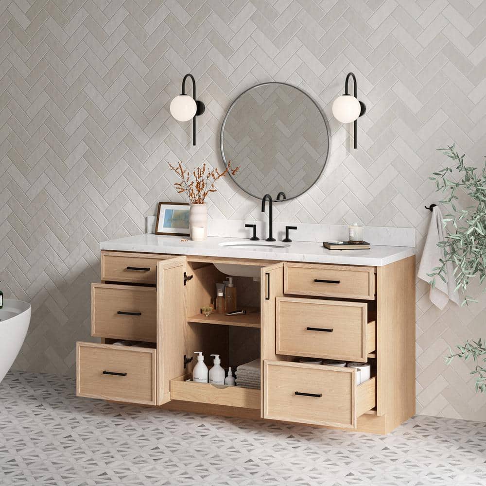 Kelly 66" Light Oak Single Vanity with Carrara Quartz Top