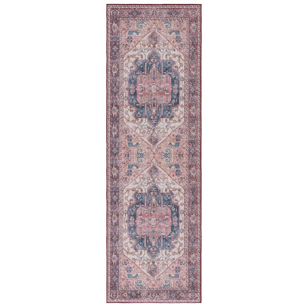 SAFAVIEH Tucson Beige/Pink 3 ft. x 8 ft. Machine Washable Floral Medallion Border Runner Rug