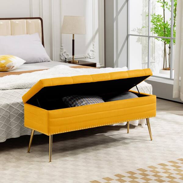 JEAREY Velvet Yellow Storage Ottoman Entryway Bench with Gold Base