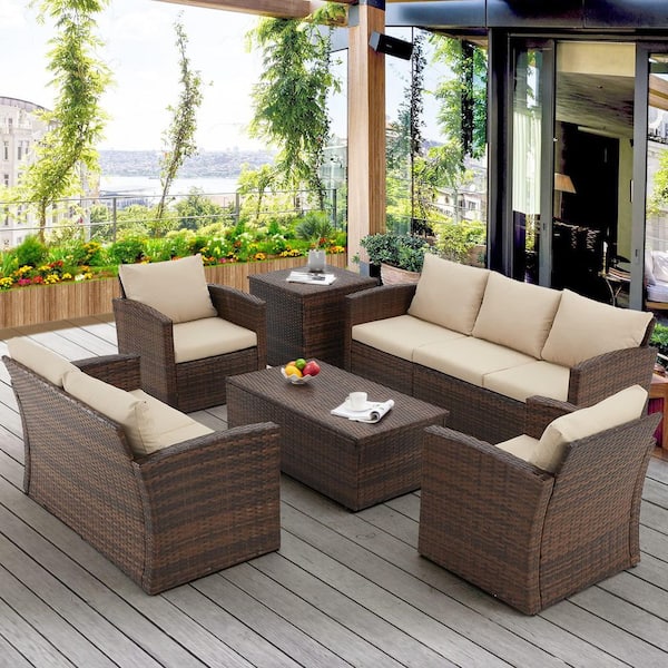 Zeus & Ruta 7-Piece Brown Wicker Patio Conversation Set with Beige Cushions Coffee Table and Storage Box