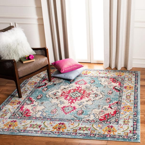 Monaco Light Blue/Fuchsia 3 ft. x 3 ft. Distressed Border Medallion Square Area Rug