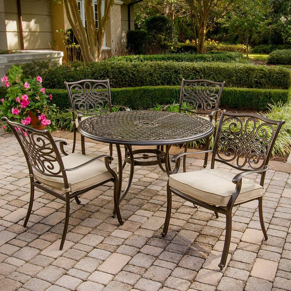 Hanover Traditions 5 Piece Patio Outdoor Dining Set with 4 Cast Aluminum Dining Chairs and 48 in. Round Table TRADITIONS5PC The Home Depot