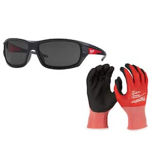 Performance Safety Glasses with Tinted Fog-Free Lenses with Small Red Level 1 Cut Resistant Nitrile Gloves