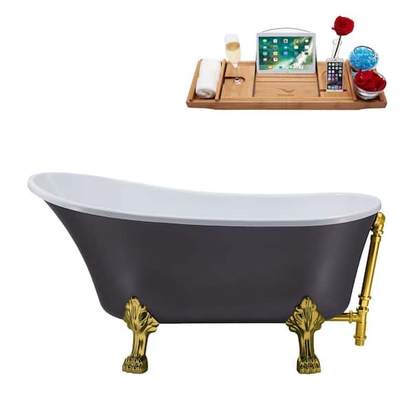 Streamline 55 in. Acrylic Clawfoot Non-Whirlpool Bathtub in Matte Grey With Brushed Gold Clawfeet And Polished Gold Drain
