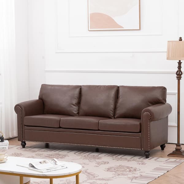 Harper & Bright Designs 83.8 in. W Nailhead Trim Rolled Arm Faux Leather Mid-Century Modern PU Straight Sofa in Brown with Birch Legs