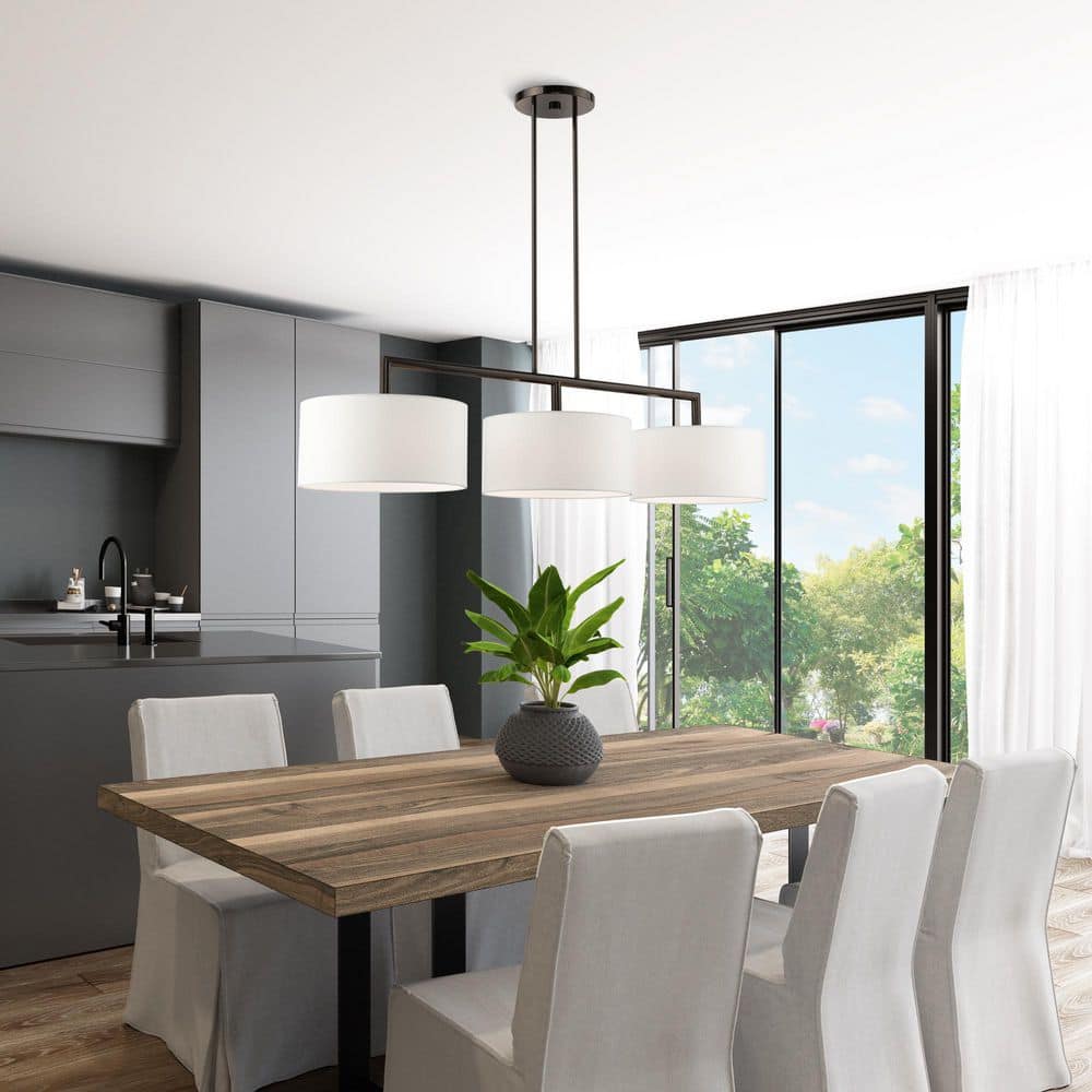 Black Chrome 3-Light Linear Chandelier with Off-White Shades