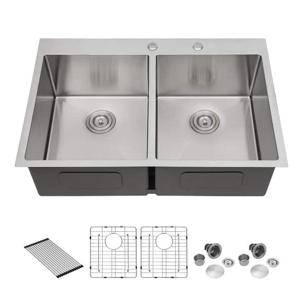 Logmey 16-Guage Stainless Steel 33 in. Double Bowl 50/50 Drop-In Kitchen Sink with Strainer and Bottom Grid