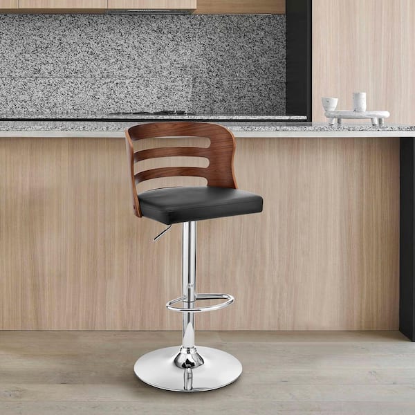 Armen Living Khalia 44 in. Height Adjustable Swivel Black Faux Leather & Walnut Wood Frame Low Back Bar Stool with Chrome Base