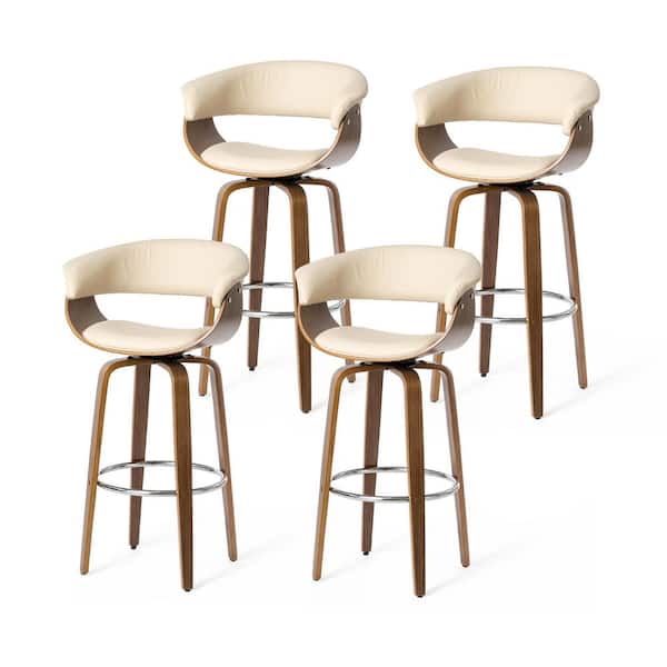 40.5 in. H Mid-Century Modern Cream PU Leather/Walnut Bentwood Swivel Low Back Bar Stool (Set of 4)