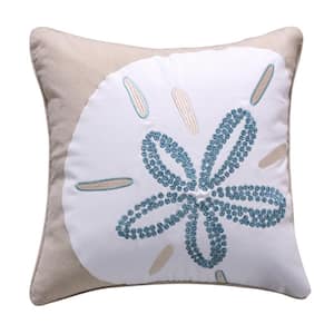Laida Beach Seafoam Green, White and Natural Sand Dollar Seashell Embroidered 18 in. x 18 in. Throw Pillow