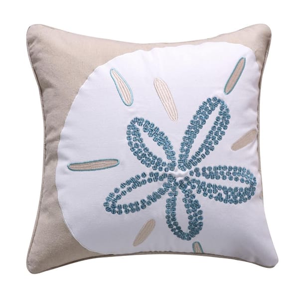 LEVTEX HOME Laida Beach Seafoam Green, White and Natural Sand Dollar Seashell Embroidered 18 in. x 18 in. Throw Pillow