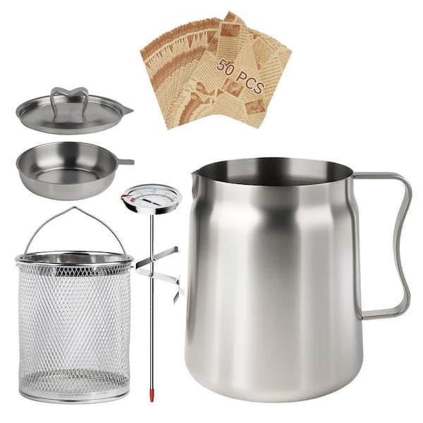 2L Stainless Steel Stock Pot in Silver with Strainer Cooking Thermometer Wax Papers for Oil Bacon Grease Frying