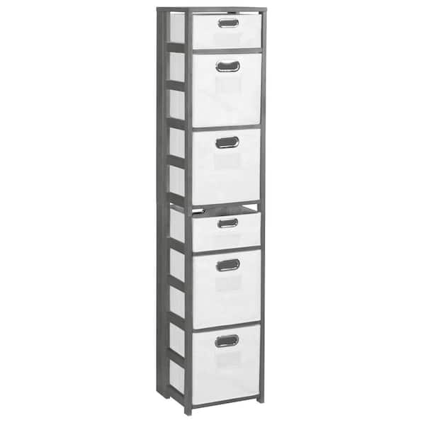Regency Nemus 67 in. Grey and White 6-Shelf Square Folding Standard Bookcase with Folding Fabric Bins