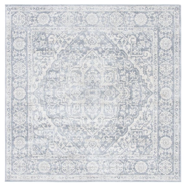 Brentwood 10 ft. x 10 ft. Square Light Gray/Ivory Distressed Border Medallion Area Rug