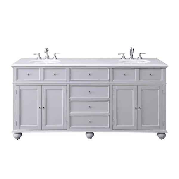 Hampton Harbor 72 in. W x 22 in. D x 36 in. H Double Sink Freestanding Bath Vanity in Gray with White Marble Top