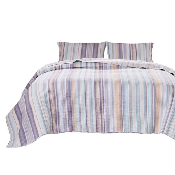 Benjara Ysa 3-Piece Multi-Color Pastel Striped Soft Cotton Queen Quilt Set