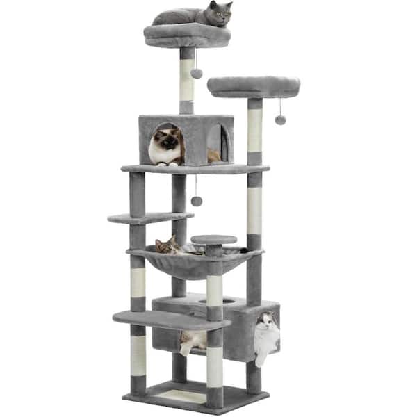 ATENGNES 72 in. Large Gray Cat Tower Condo with Scratching Posts and Pads, 2 Padded Perch, Dual Condo and Basket for Indoor Cats