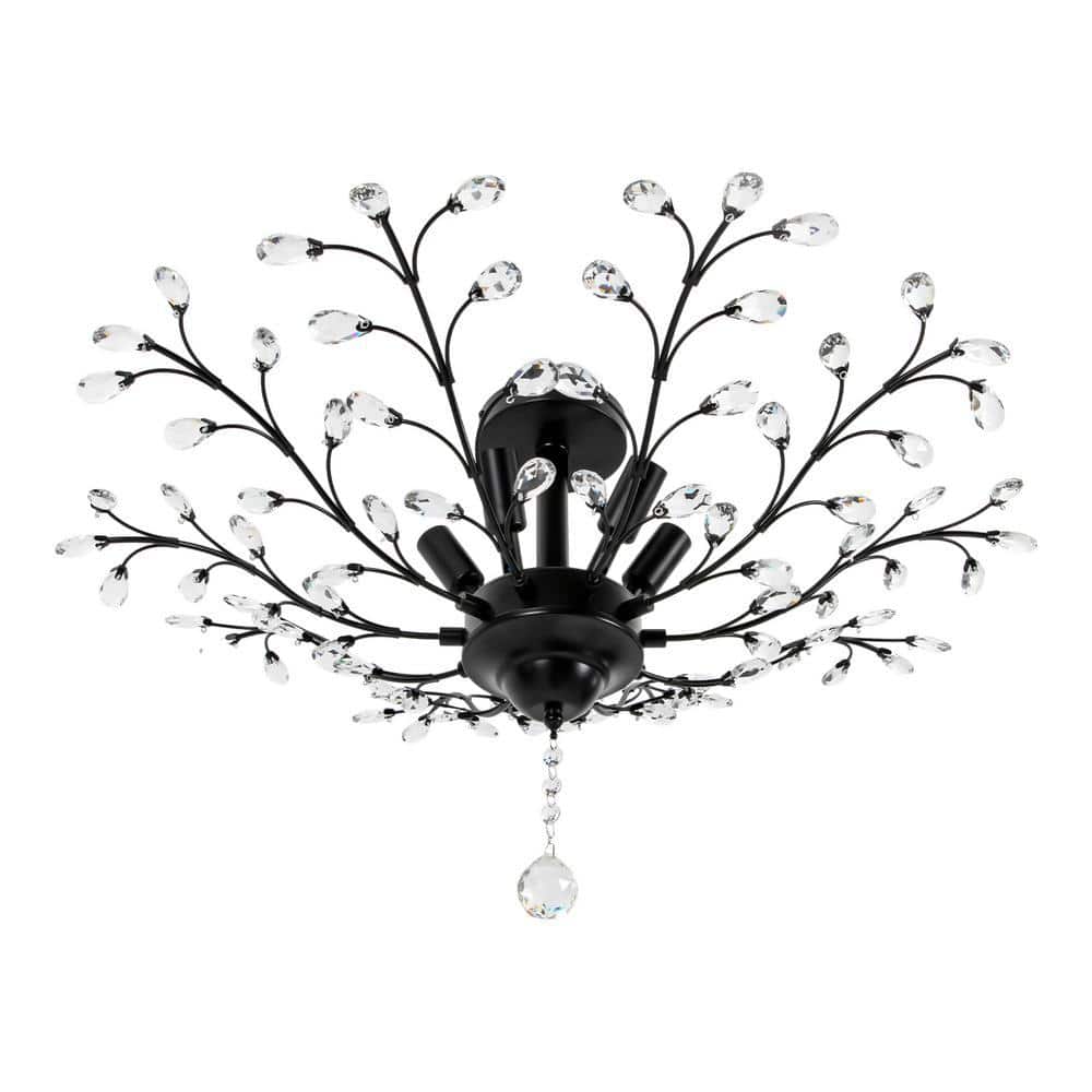 OUKANING 30.7 in. 5-Light Black Vintage K9 Crystal Semi-Flush