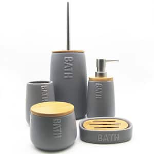 Bath D 5-Pieces Bath Accessory Set with Soap Pump, Tumbler, Soap Dish, Cotton Box in Dolomite Gray and Bamboo