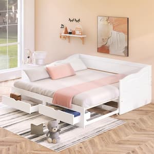 White Wooden Daybed with Trundle Bed and 2-Storage Drawers Extendable Bed Daybed Sofa Bed