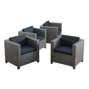 Grey Wicker Outdoor Lounge Chairs with Mix-Black Cushions, Set of 4