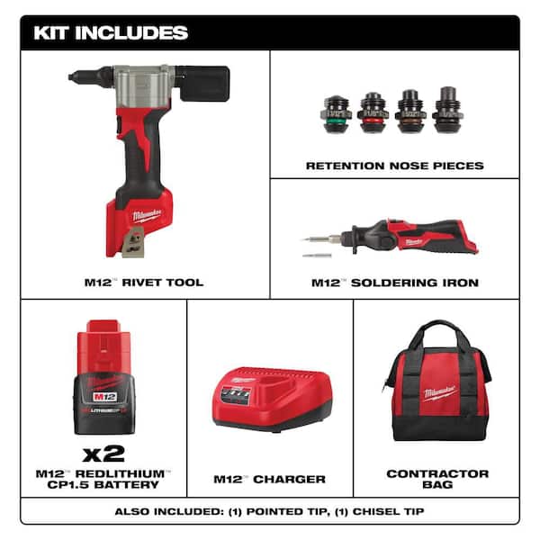 M12 12-Volt Lithium-Ion Cordless Rivet Tool Kit with (2) 1. 5Ah Batteries, Charger & M12 Soldering Iron