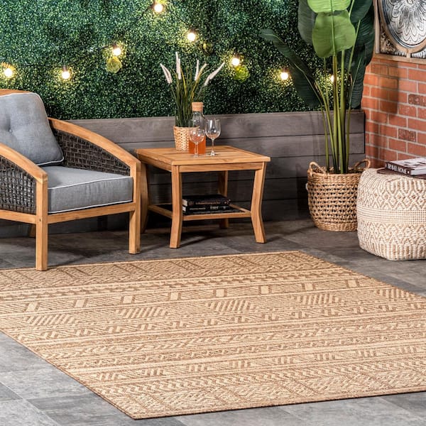Abbey Tribal Striped Beige 9 ft. 6 in. x 12 ft. Indoor/Outdoor Patio Area Rug