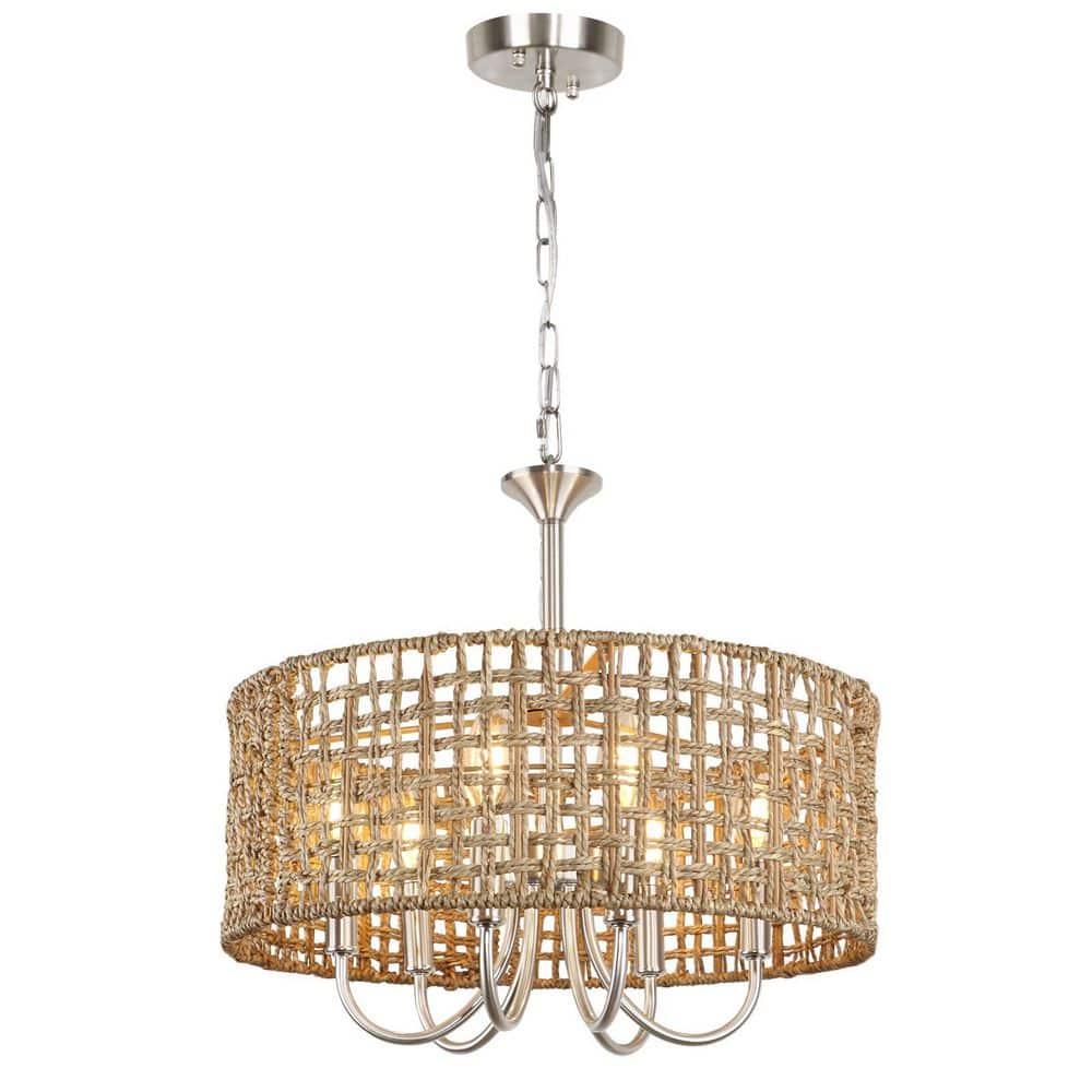 17.7 in. 6-Light Brushed Nickel Boho Rattan Chandeliers with Hand Woven Wic
