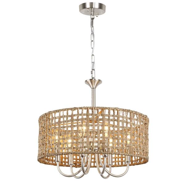 Unbranded 17.7 in. 6-Light Brushed Nickel Boho Rattan Chandeliers with Hand Woven Wicker Shade for Dining Room Kitchen Island