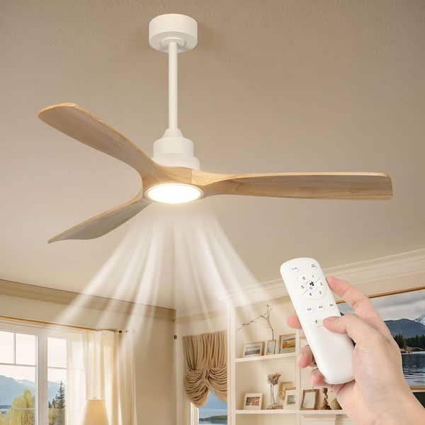 TOZING 52 in. LED Indoor Modern White Solid Wood Dimmable Low Profile Fandelier Flush Mount Ceiling Fan with Light with Remote